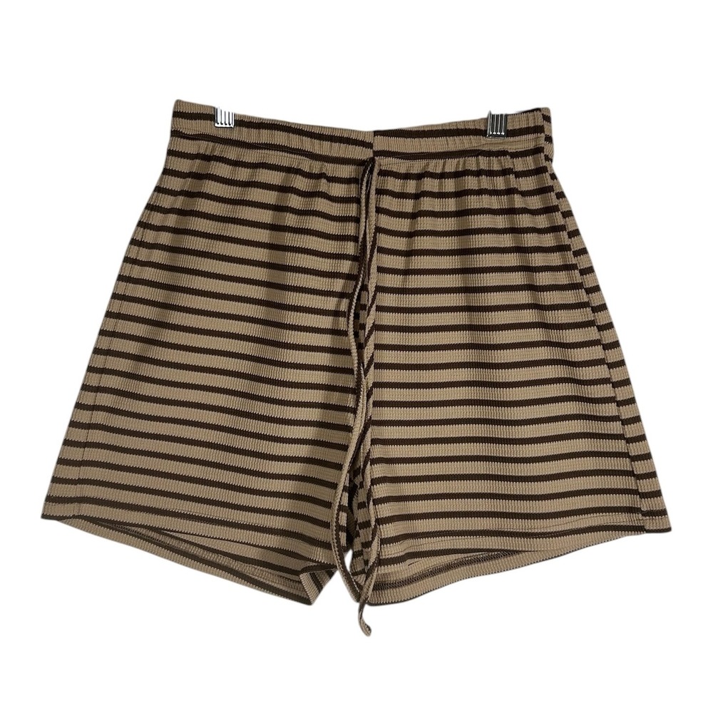 Womens Brown Tan Striped Waffle Knit Lounge Shorts Elastic Drawstring Small - Picture 1 of 6